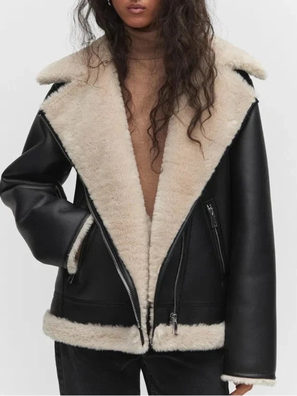 MANGO Black Faux Leather Aviator Jacket with Cream Shearling Trim - S